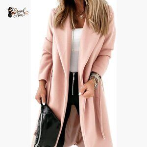 Polyester Pea Coat with Lapel Collar and Belted Front